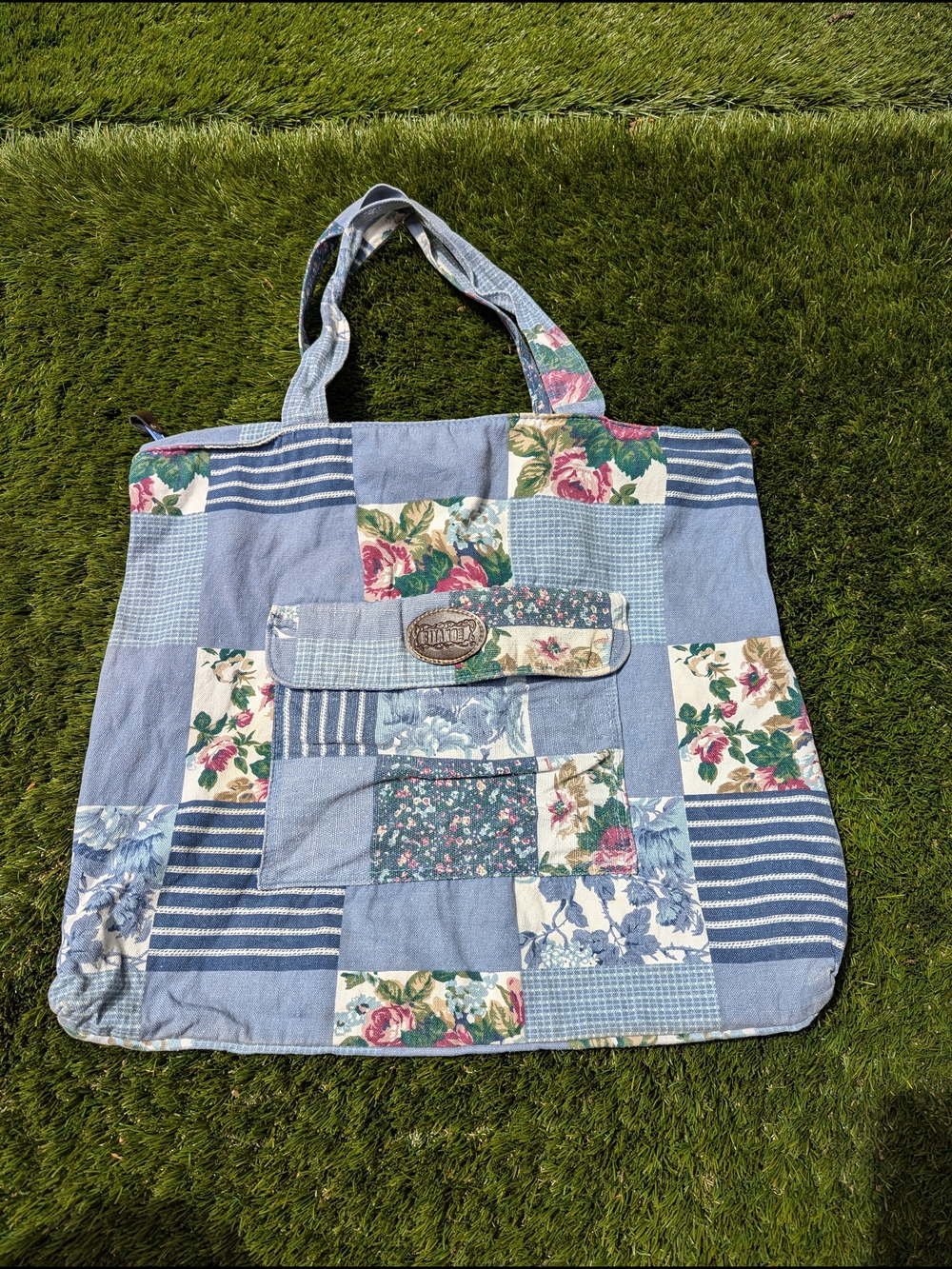 Vintage 90s Gitano Blue Patchwork Floral Stripes Cotton Tote Bag Cottagecore